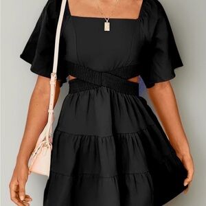 Shy Velvet Black Flutter Sleeve‎ Cutout Mini Dress Women's Small Boho Tiered